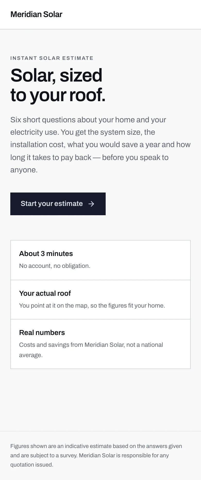The customer calculator on a phone, headed Meridian Solar, with a Start your estimate button.
