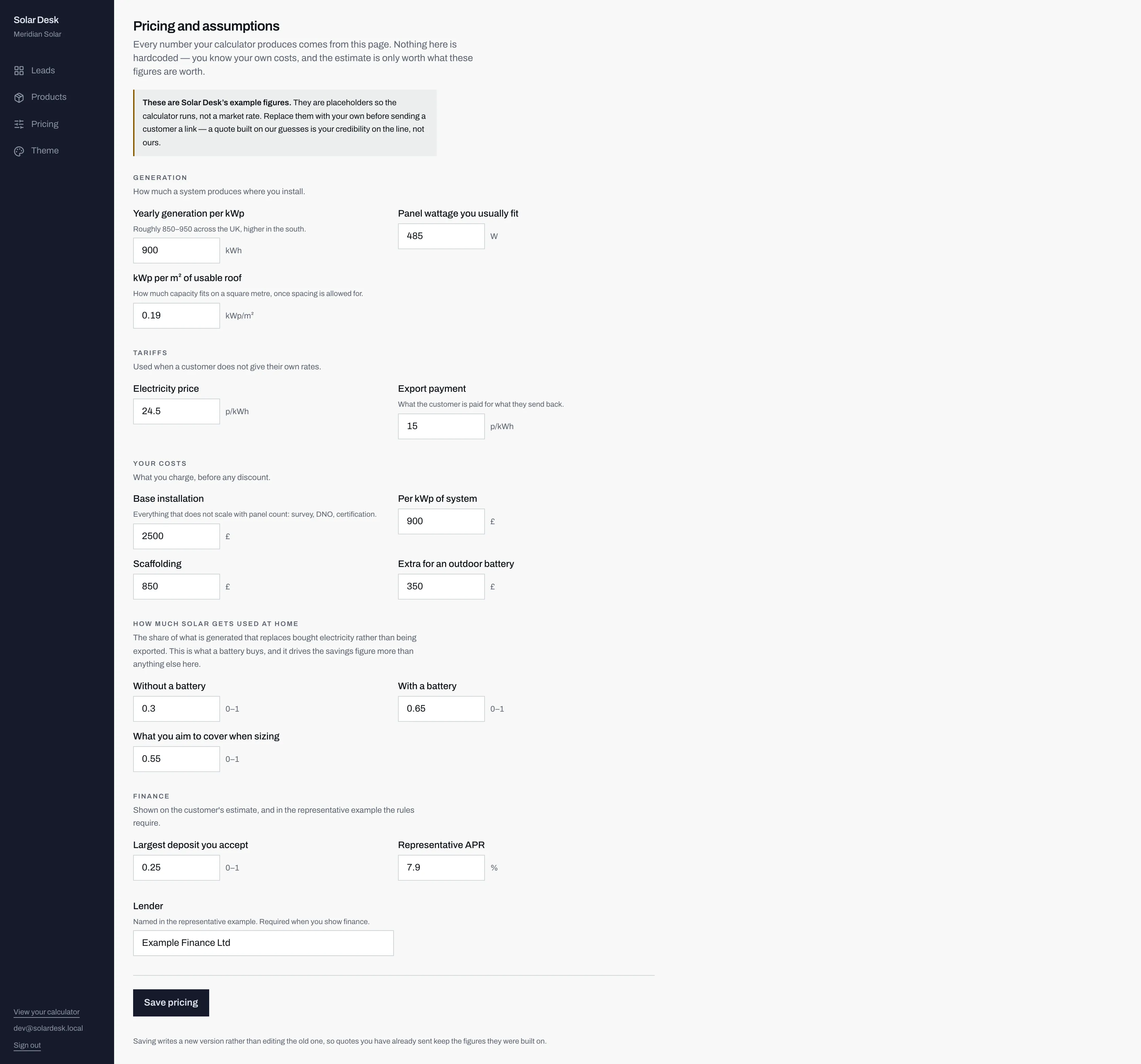 The full Pricing and assumptions page, showing the generation, tariffs, costs, self-consumption, finance and lender groups, and the Save pricing button.