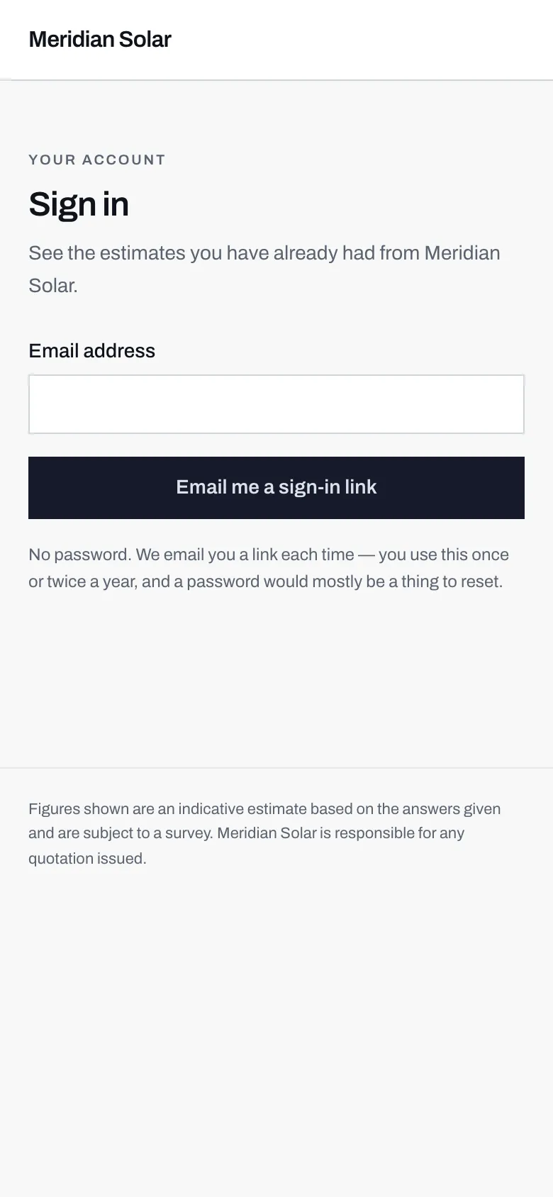 The homeowner sign-in page, with a single box for an email address and a button reading Email me a sign-in link.
