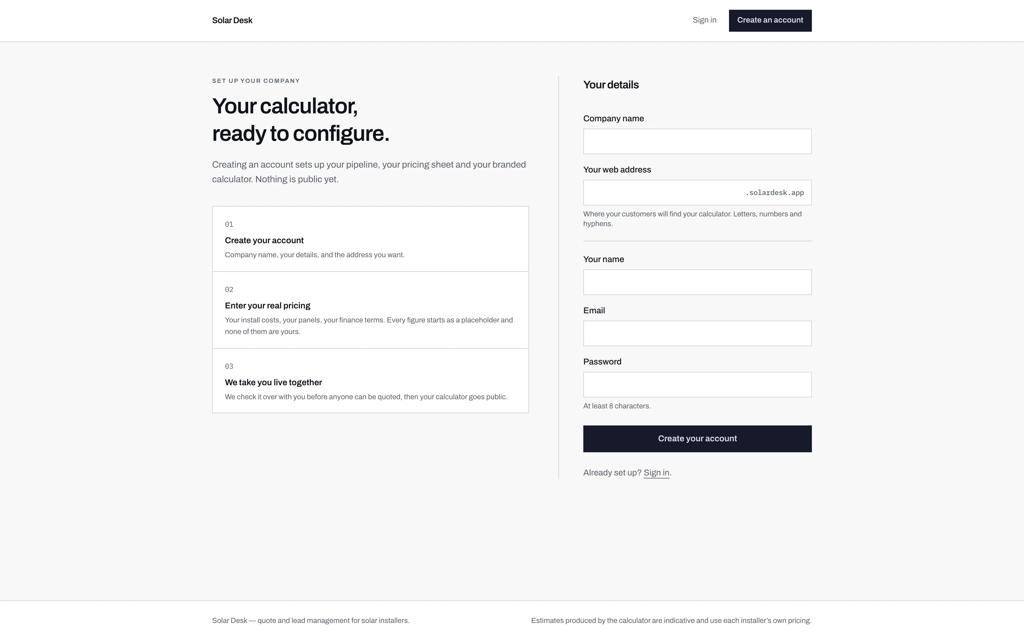 The empty Solar Desk sign-up form, with a three-stage explanation on the left and blank company name, web address, name, email and password fields on the right.