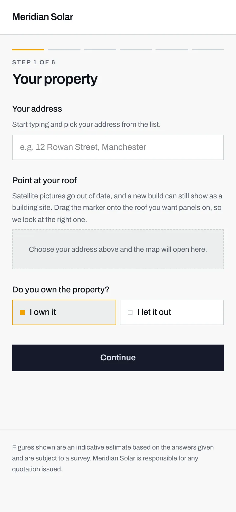 Step 1 of the calculator, with an empty address box, a placeholder where the map will appear, and two ownership buttons.