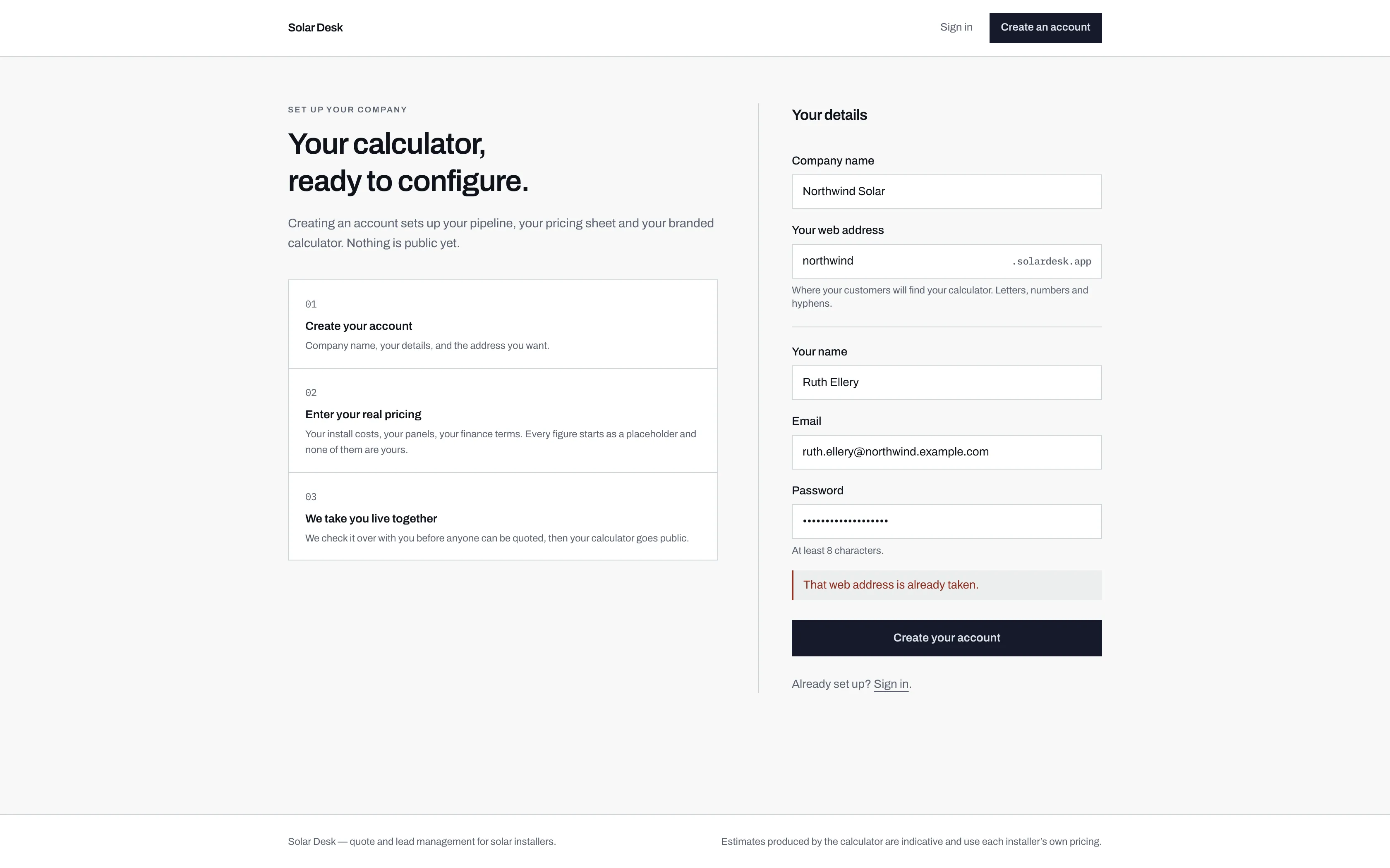 The sign-up form showing the message that the chosen web address is already taken.