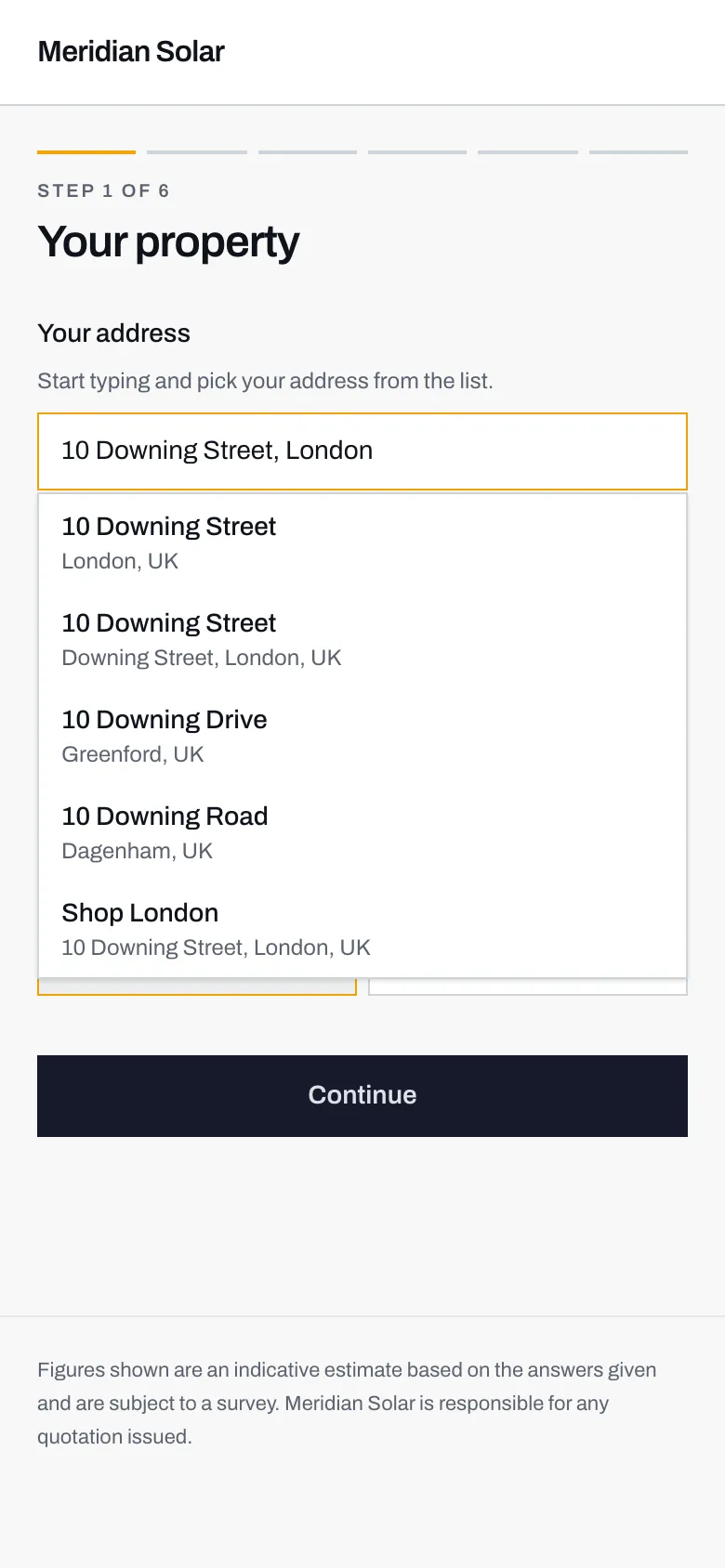 The address box with 10 Downing Street, London typed in and a list of matching addresses below it.