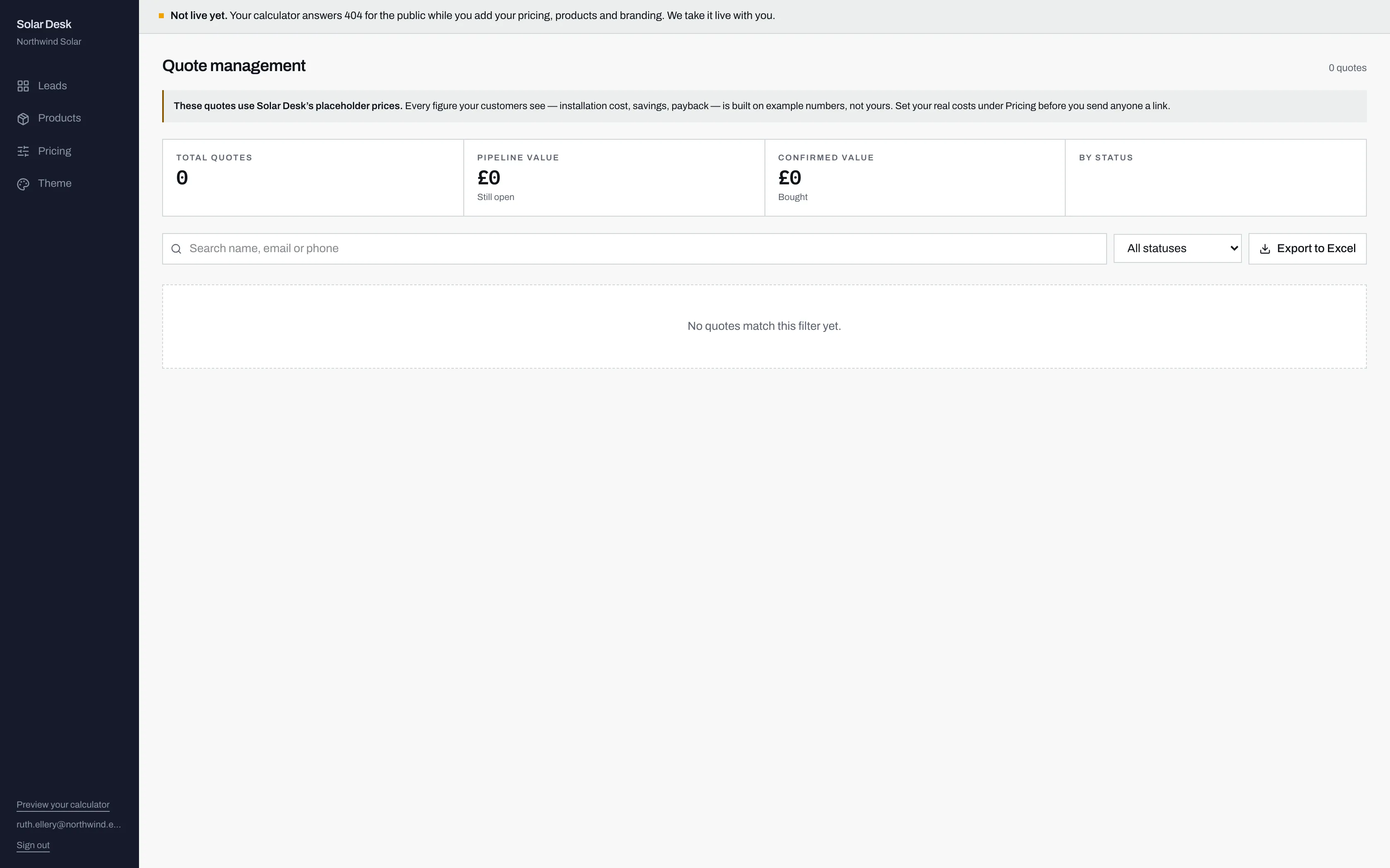 The Solar Desk dashboard for a pending account called Northwind Solar, showing the not-live banner, a placeholder pricing warning and an empty pipeline.