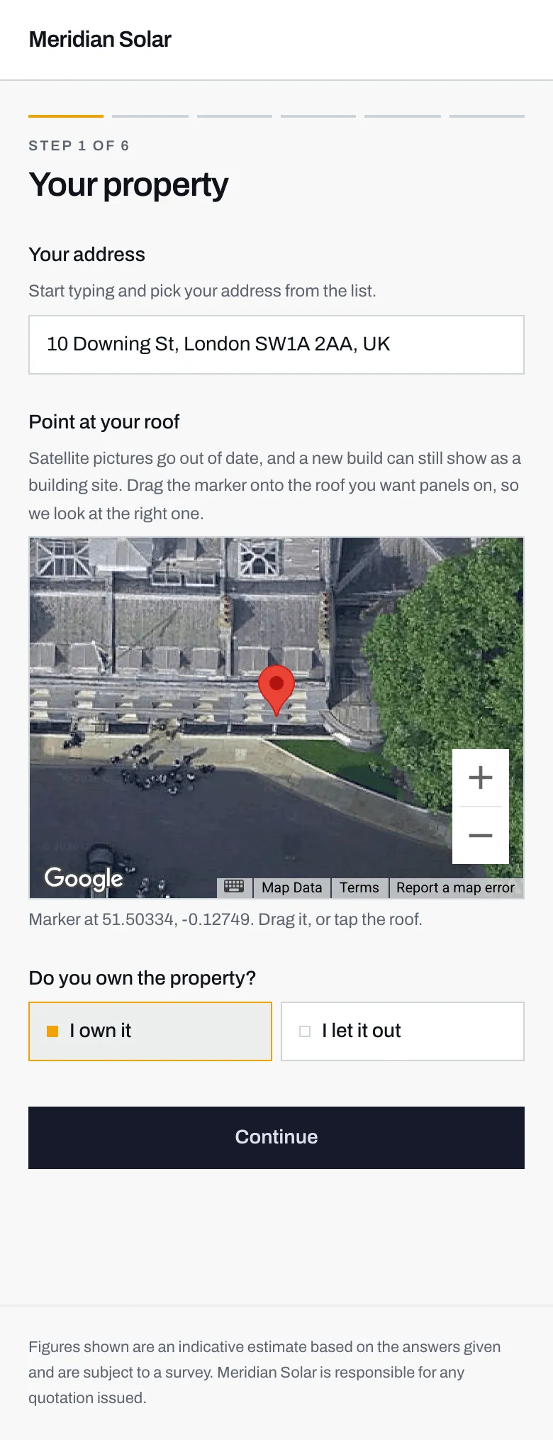 A satellite view of the chosen address with a red marker dropped on the roof, and a caption showing the marker's coordinates.
