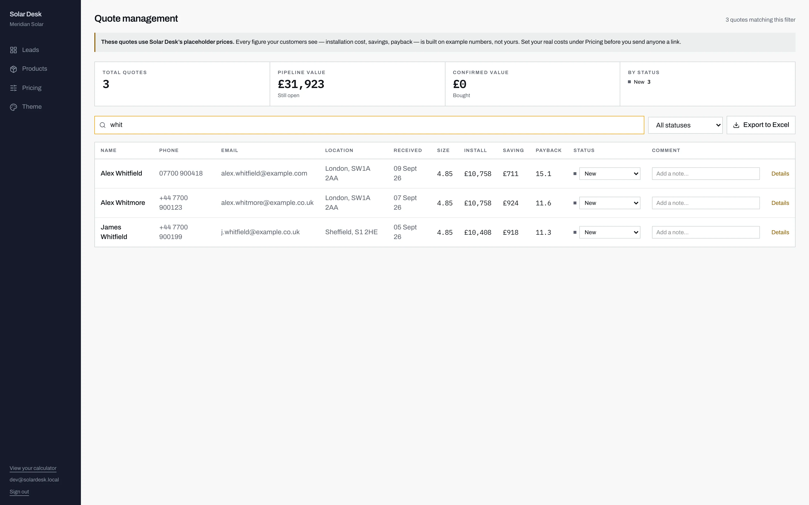 The quote list filtered by the search term whit, showing three matching leads and recalculated metrics.