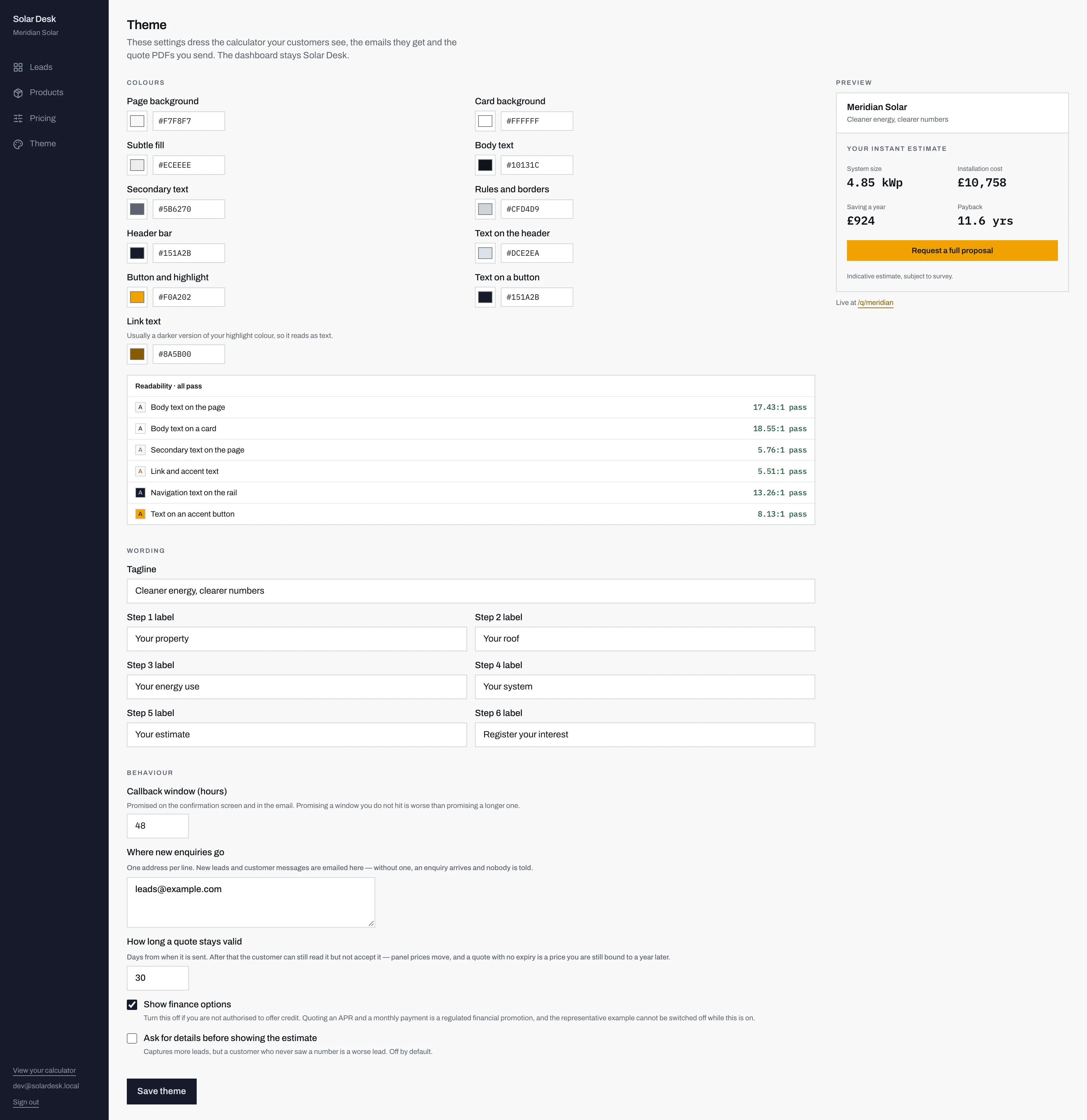 The Theme screen, showing colour pickers, a readability panel, wording fields, behaviour settings and a live preview.