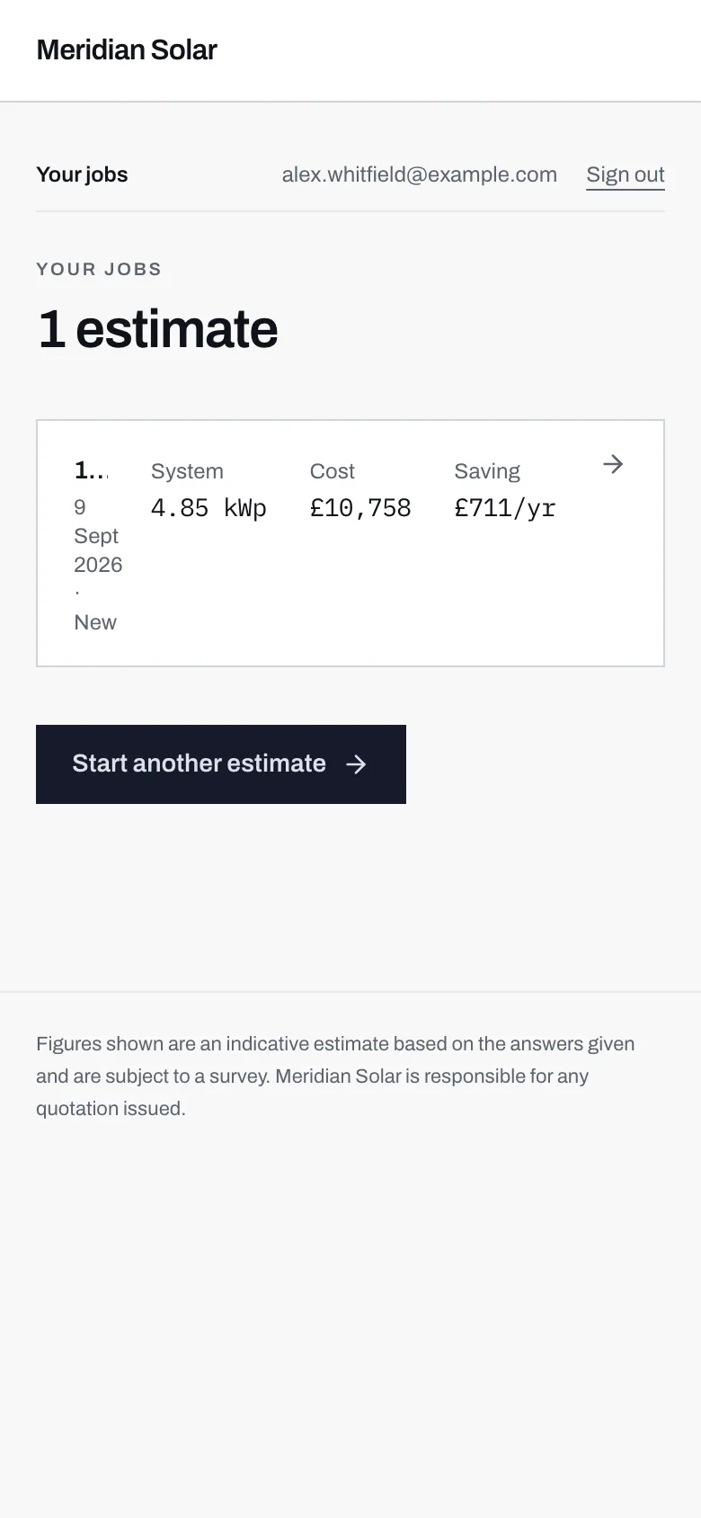 The Your jobs page listing one estimate with its date, status, system size, cost and annual saving.