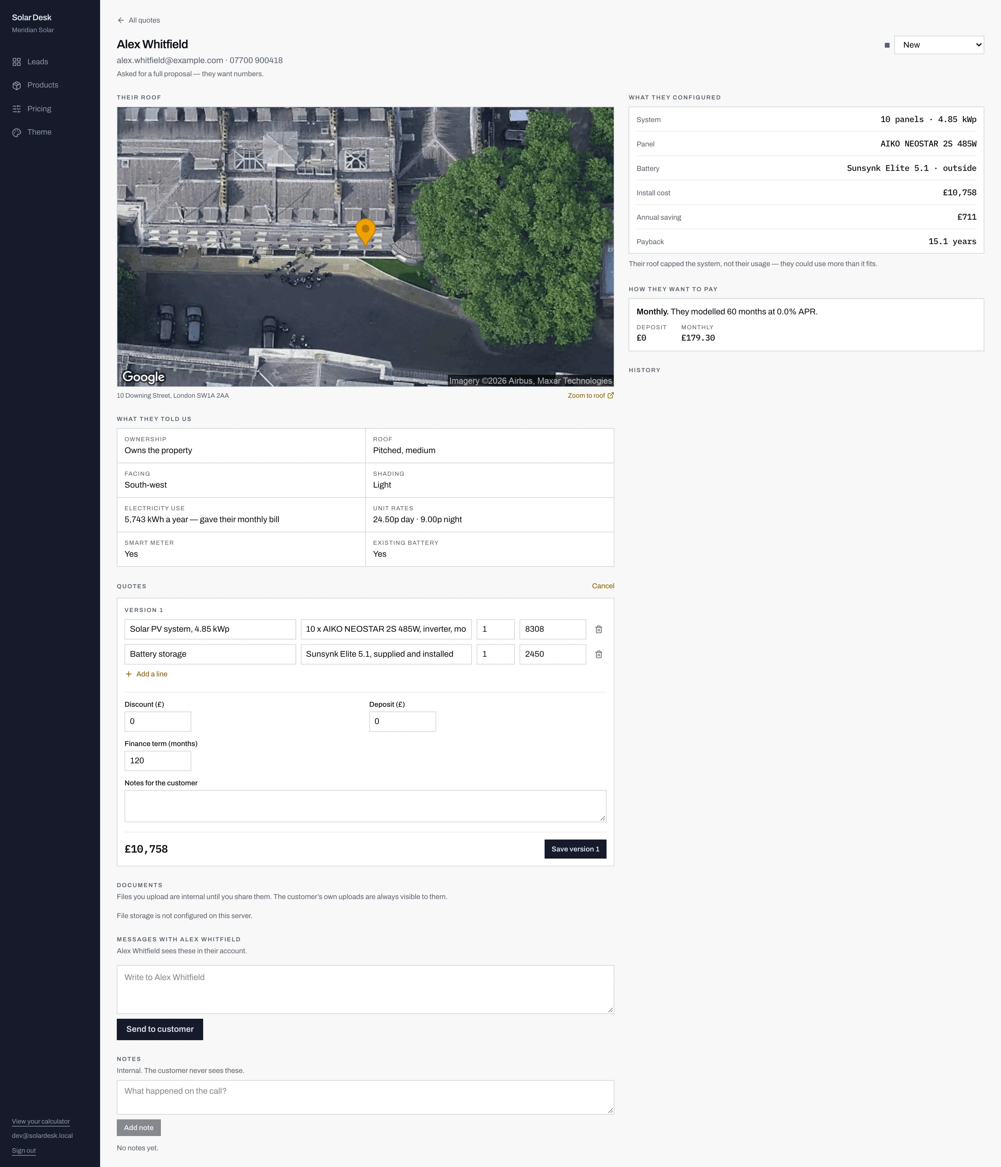 A lead detail page for Alex Whitfield, with a satellite view of the roof on the left and the configured system, payment preference and status history on the right.