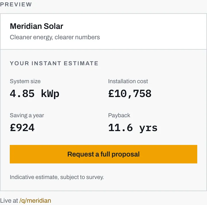 The live preview panel from the Theme screen: a branded estimate card carrying the installer's name, tagline, four figures and main button, with the calculator's address underneath it.