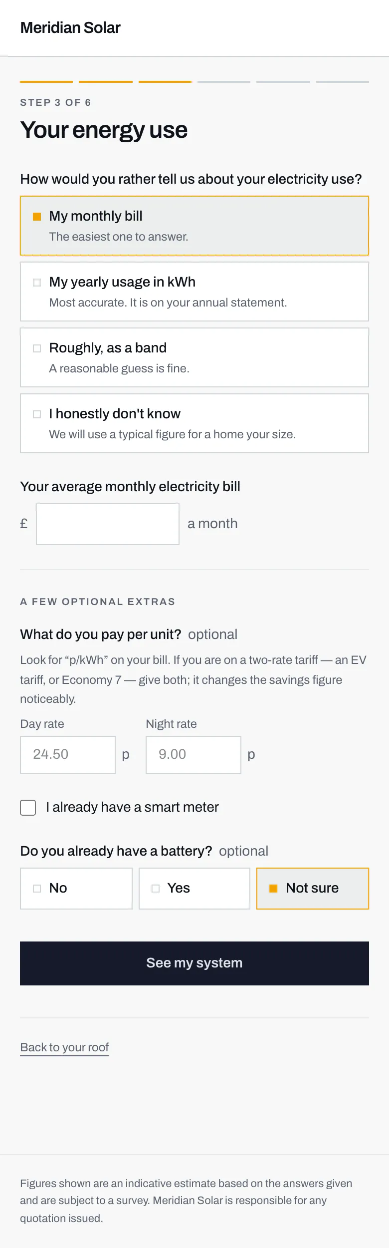 Step 3 of the calculator, showing four ways to describe your electricity use and a box for your monthly bill.