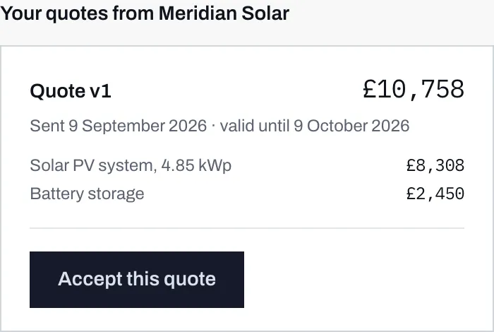 The Your quotes section of a job page, showing quote v1 with its total, the date it was sent, its expiry date, two line items and an Accept this quote button.