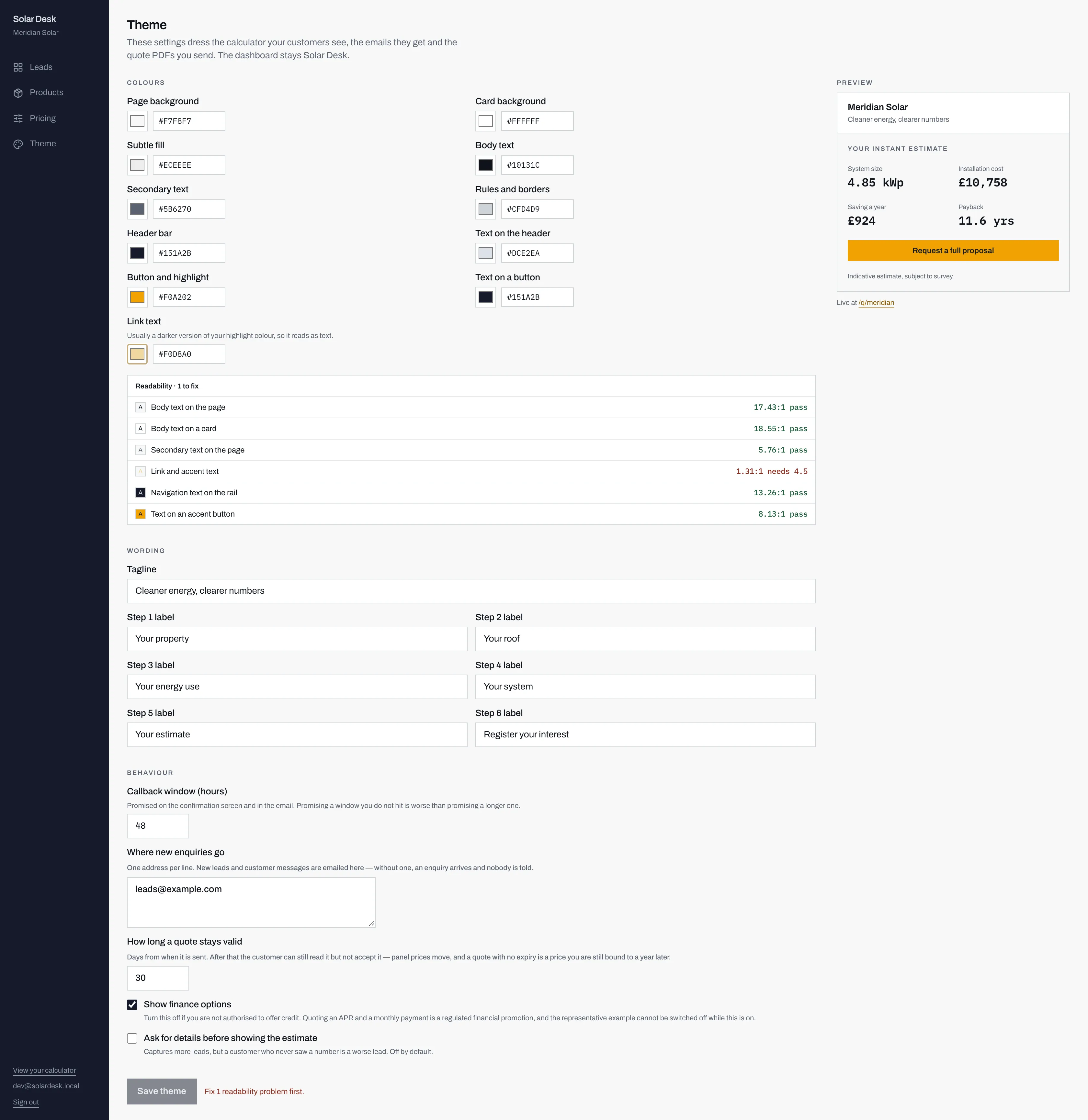 The Theme screen with the link colour changed to a pale yellow, one readability row failing at 1.31 to 1, and the save button greyed out.