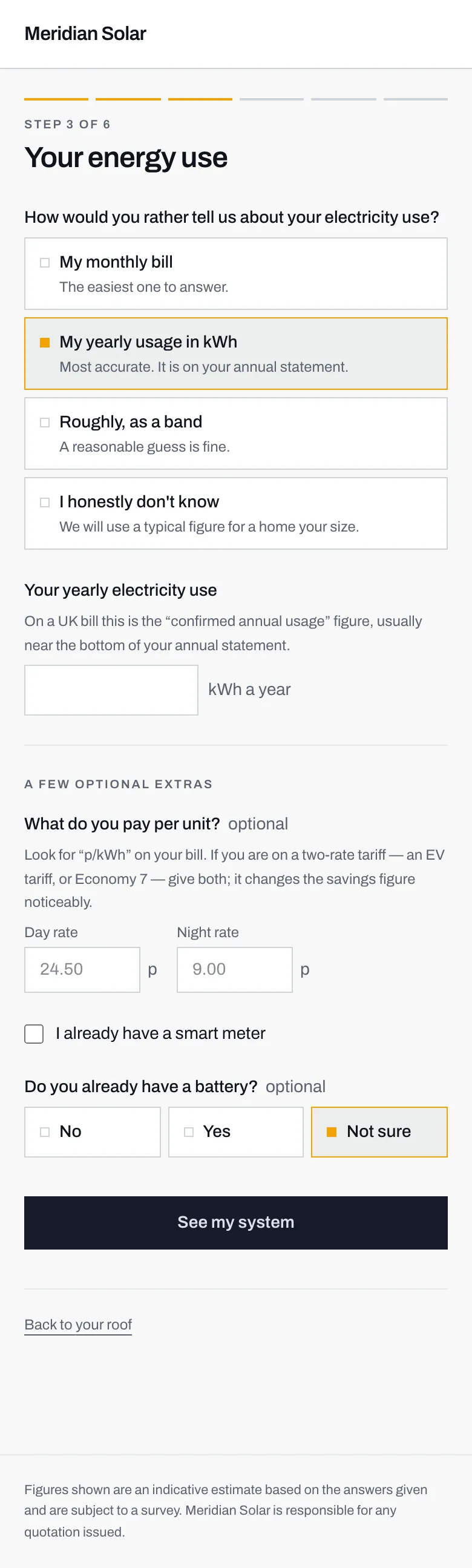 Step 3 with the yearly usage option selected, showing a box for kWh a year and a hint about where to find it.