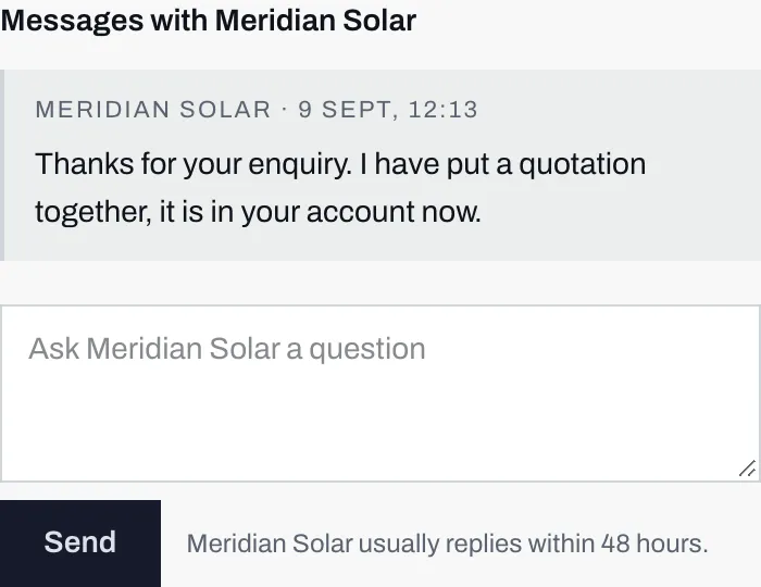 The Messages section of a job page: one message from the installer stamped with the time, a box to type a question into, and a Send button beside the installer's usual reply time.