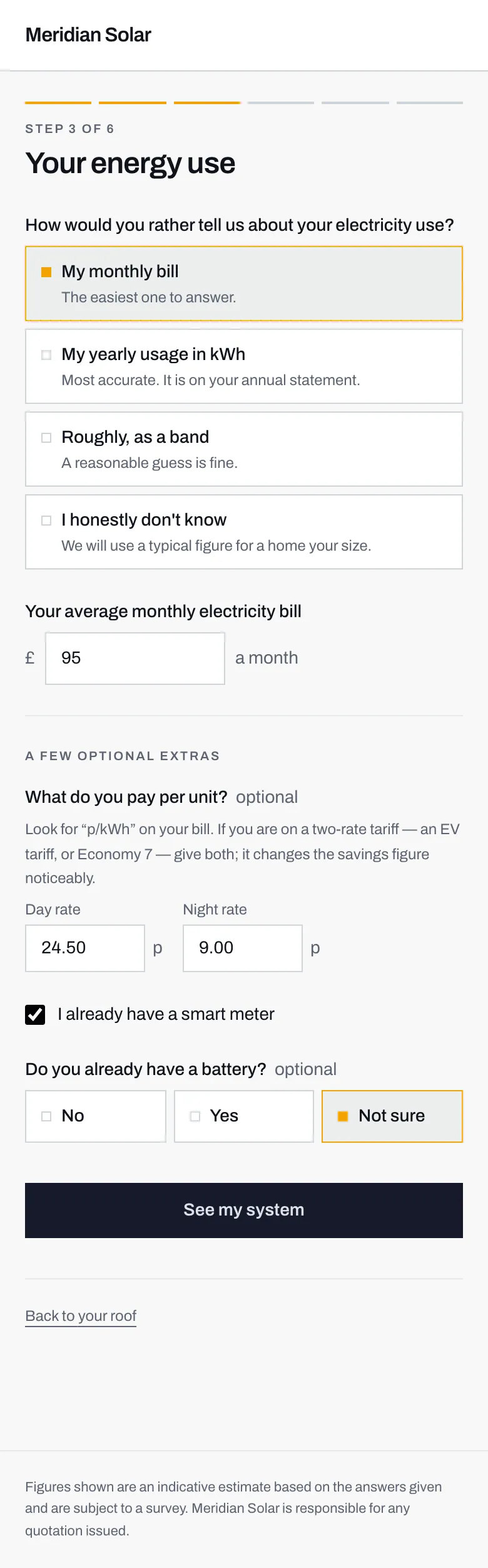 Step 3 filled in with a monthly bill of 95 pounds, day and night unit rates, and the smart meter box ticked.
