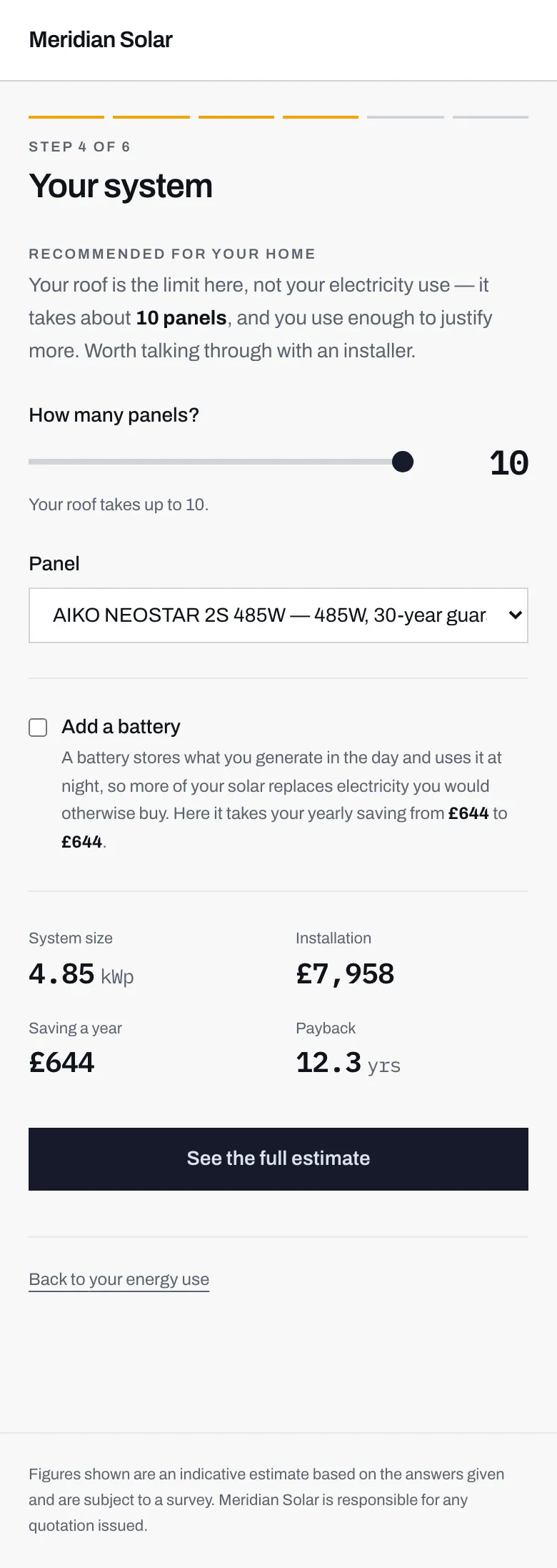 Step 4 of the calculator, with a recommendation, a panel-count slider, a panel choice, a battery option and four live figures.