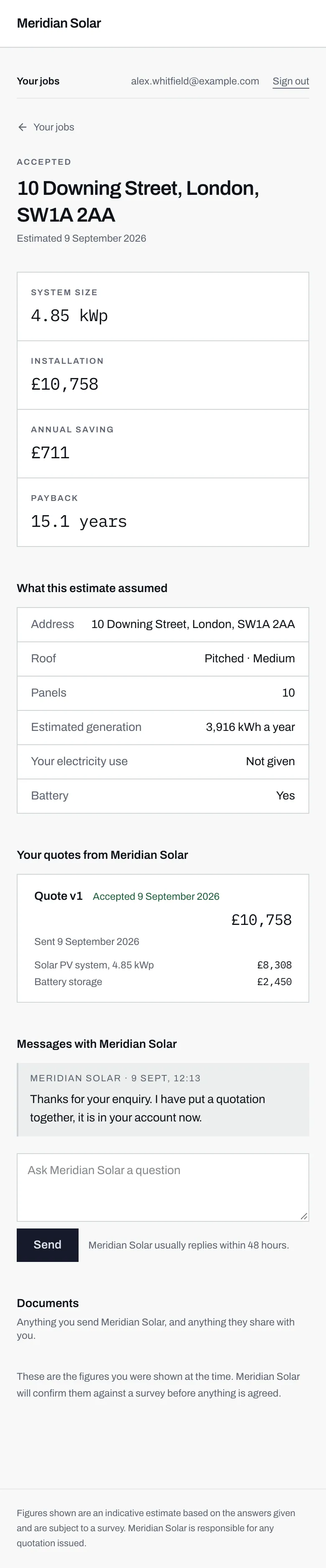 A job page after a quotation has been accepted, with the job marked Accepted and the quote showing an accepted date.