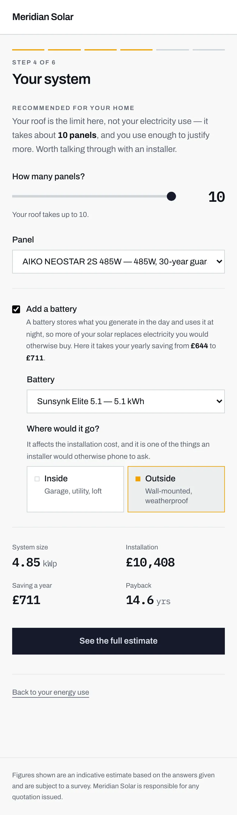 Step 4 with the battery box ticked, showing a battery choice and a question about where the battery would go.