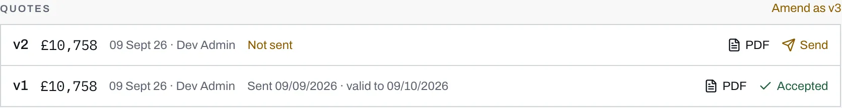 The Quotes panel listing version 2 as not sent above version 1, which has been sent and is valid for another month.