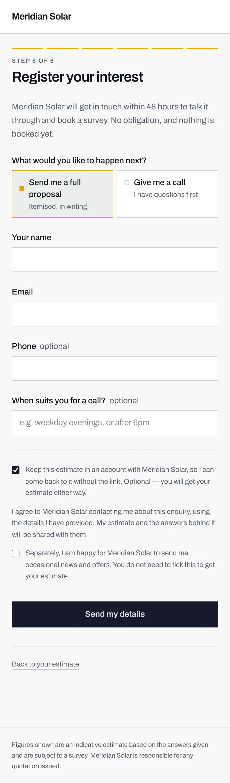 Step 6 of the calculator, asking what you would like to happen next, then for your name, email, phone and preferred call time.
