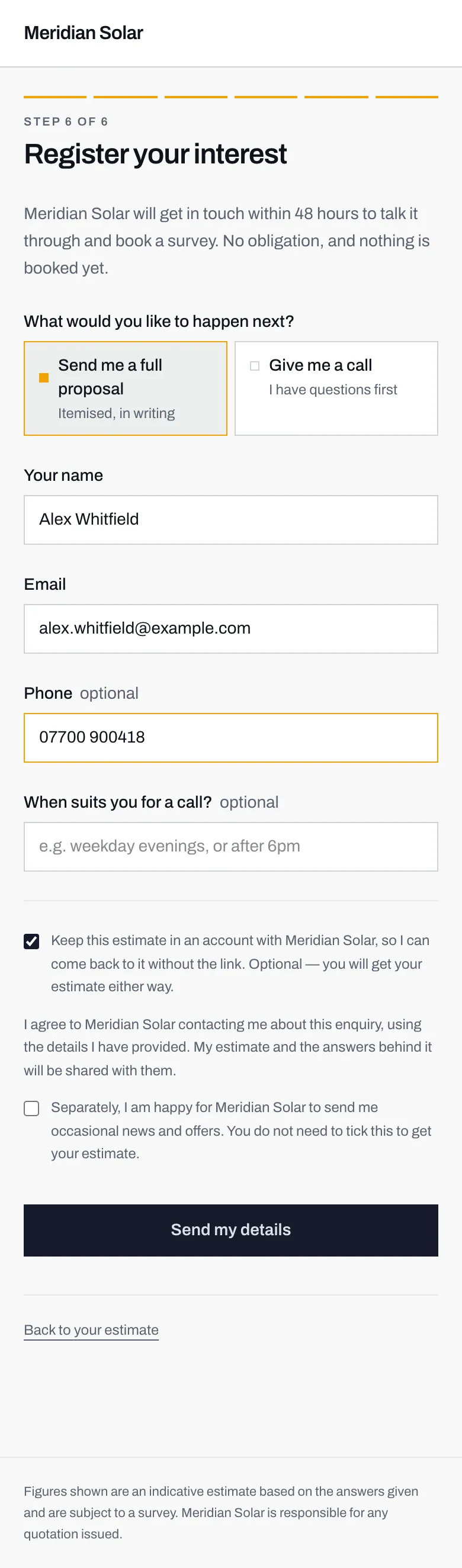 Step 6 filled in with a name, an email address and a phone number.